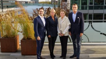 Patrick Sorrentino, Trine Holm Rasmussen, Rikke Bang, Anders Gratte with south harbour Copenhagen in the background.